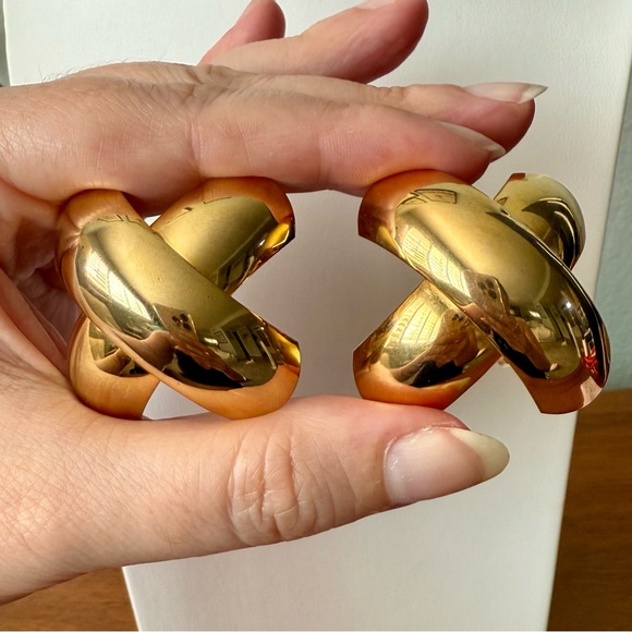 Huge Norma Jean Gold Tone Modernist “X” Statement Clip On Earrings 80’s 90’s - Picture 9 of 10
